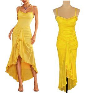 NEW Asymmetrical Ruffle Maxi Dress Sz.S Yellow Mesh Stretchy Fairy Formal Y2K